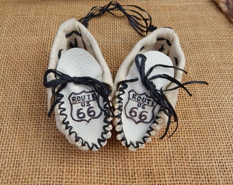 Route 66 White Leather Souvenir Moccasins  ~  Route 66 Travel Souvenir  ~  Pair of Small  4 1/2"  White Leather Moccasins Route 66 Souvenir