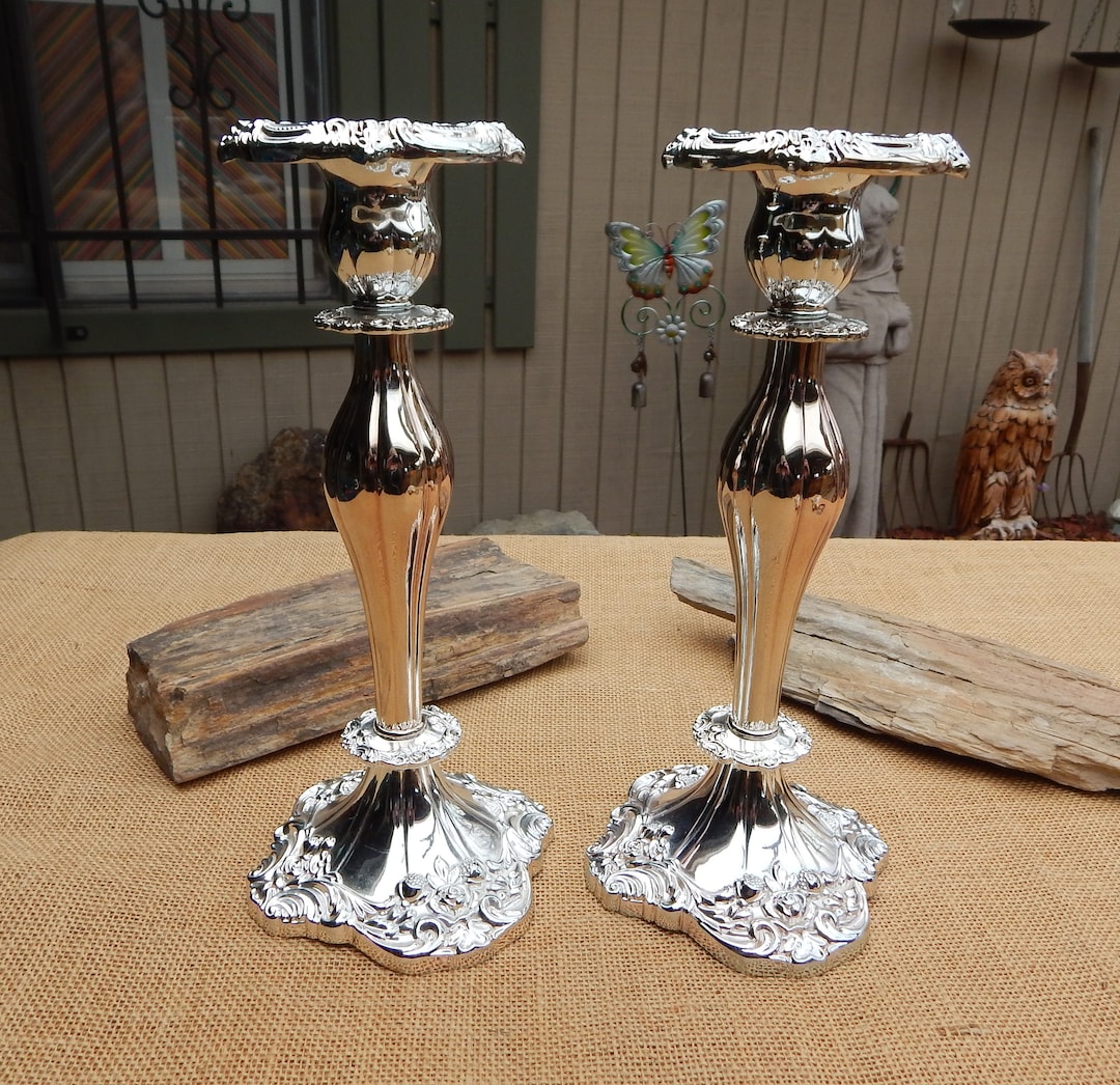 11 1/4 Heavy Ornate Silver Plated Candlestick Holders / Pair of