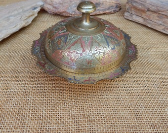 Solid Brass Clover Etched Covered Dish 5" x 4"  ~  Brass Lidded Dish Etched with Clovers & Handpainted in Red and Black  ~  Made in India
