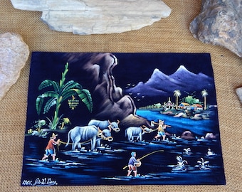 Black Velvet Asian River Village Scene  ~  Mid Century Signed and Dated Original Oil on Black Velvet  ~  1966 Detailed Painting on Velvet
