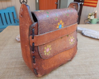 Tooled Leather Floral Purse  ~  Med to Lg  ~  Painted Floral Daisy Patterns  ~  Tooled Flap & Embossing  ~  1970's Hippie Purse  ~  No Strap