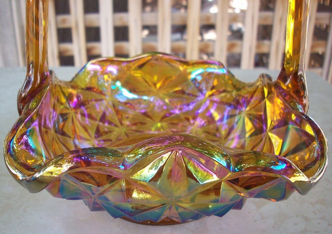 Vintage Gold Iridescent Carnival Glass Basket with Handle Etsy