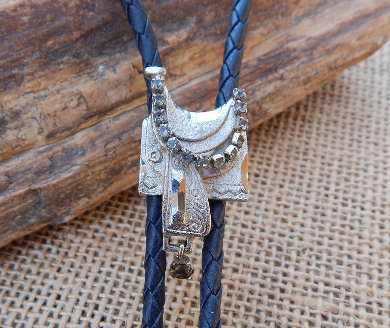 Saddle Bolo Tie / Saddle with Rhinestone Bolo Tie / Cowgirl Saddle with Rhinestones Bolo Tie / Small Saddle Bolo Tie / Silver Saddle image 6