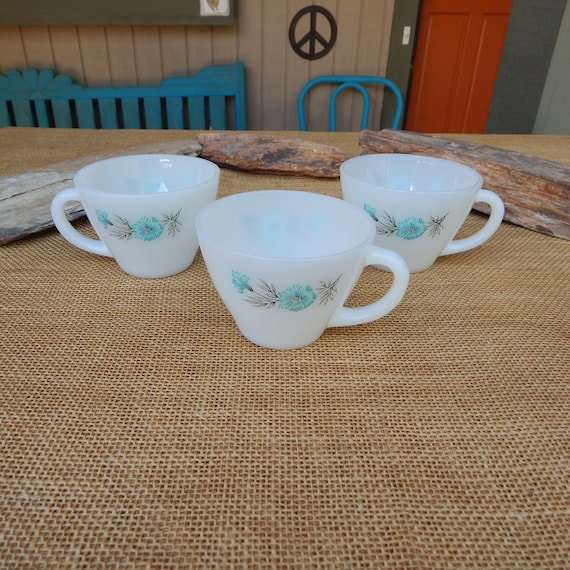 3 Fire King Bachelor Button Boutonniere Cups  ~  Fire King Oven Ware Cups Made in the U.S.A.  ~  Fire King Blue Bachelor Button Boutonniere