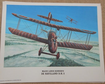 Major Lanoe Hawker's De Havilland D.H. 2  Color Litho Print  /  The Homestead  /  Vintage Litho Print  /  Airplane Print  /  Early Aviation