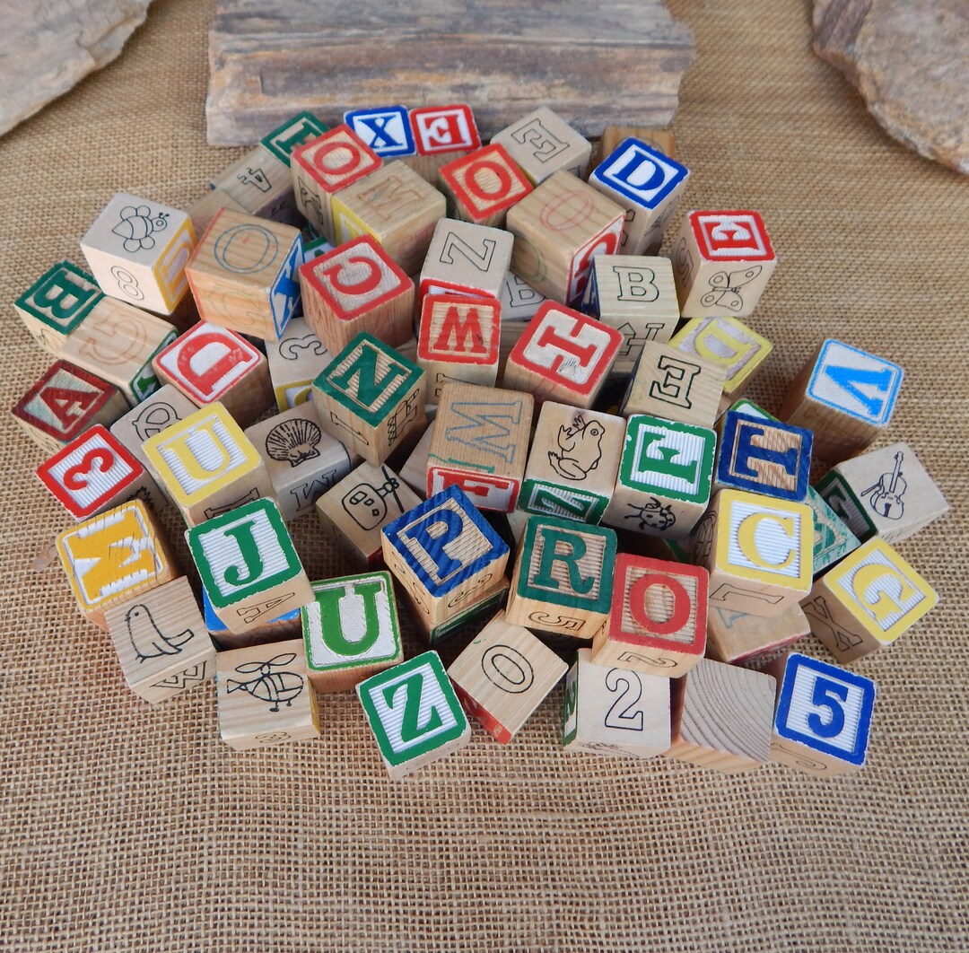 84 Vintage Solid Wood ABC Blocks Mixed Lot Wood ABC Blocks Used