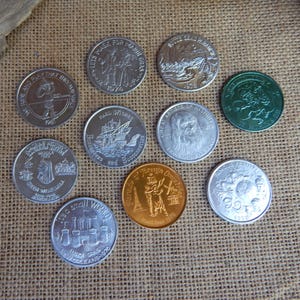 10 Vintage Mardi Gras Doubloons  ~  1970-1981 Collectible Doubloons  ~  Aluminum Doubloons, Green, Gold, Silver Tones  ~  Exact 10 in Photos