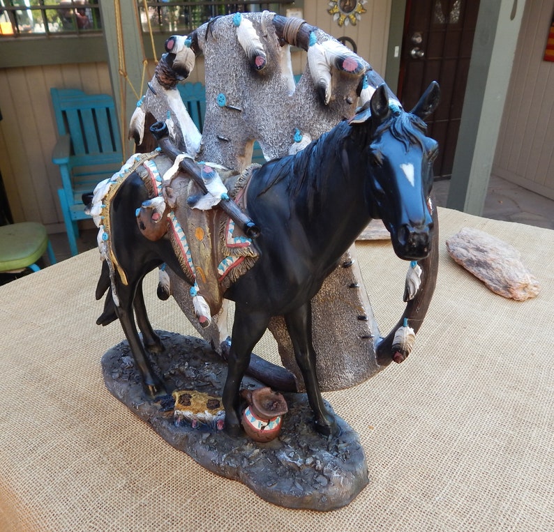 Black Stallion Medicine Man's Horse / Large Heavy Composite Black Stallion Adorned with Feathers Peace Pipe Medicine Bag Headdress image 9