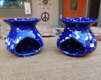 Set of 2 Ceramic Tealight Candle Oil Warmer  ~  Cobalt Blue & White  ~  Pierced Stars  ~  Made in India  /  Tealight Fragrance Diffuser  NOS