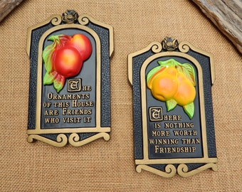 1971 Miller Studio Inc.  Chalkware Friendship Plaques (2)  /  1971 Chalkware Apple & Pear Plaques (Pair)  /  3-D Miller Studio Wall Art