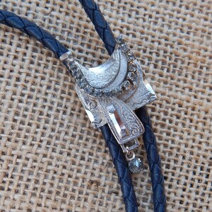 Saddle Bolo Tie / Saddle with Rhinestone Bolo Tie / Cowgirl Saddle with Rhinestones Bolo Tie / Small Saddle Bolo Tie / Silver Saddle image 3