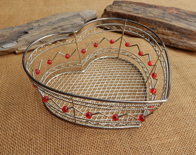 Heart Shaped Wire Basket With Red Beads / Silver Metal Wire Heart