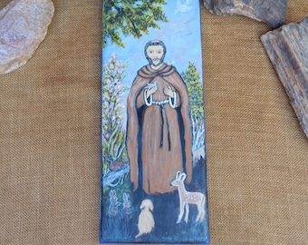 1981 Handpainted Saint Francis of Assisi  ~  Measures 17 1/2" x 7 1/8" x 3/4" Solid Wood  ~  New Mexican Artist  ~  New Mexico Religious Art