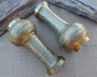 Fully Etched Twin Brass Vases  /  RARE Same Artist Twin Brass Vases Made in India  /  7" Twin Intricately Etched Vases  /  Twin Brass Vases