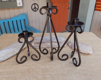 3 Black Wrought Iron Tiered Candlestick Holders  ~  11 1/4"  ~  8 3/4"  ~  6 1/4"  ~  Trio Tiered Swirled Wrought Iron Candlestick Holders