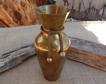 Brass Vase with Rope Design  /  6 3/4" Brass Vase with Rope  /  Naturally Aged Patina Solid Brass Vase with Rope  (India) / Brass Roped Vase