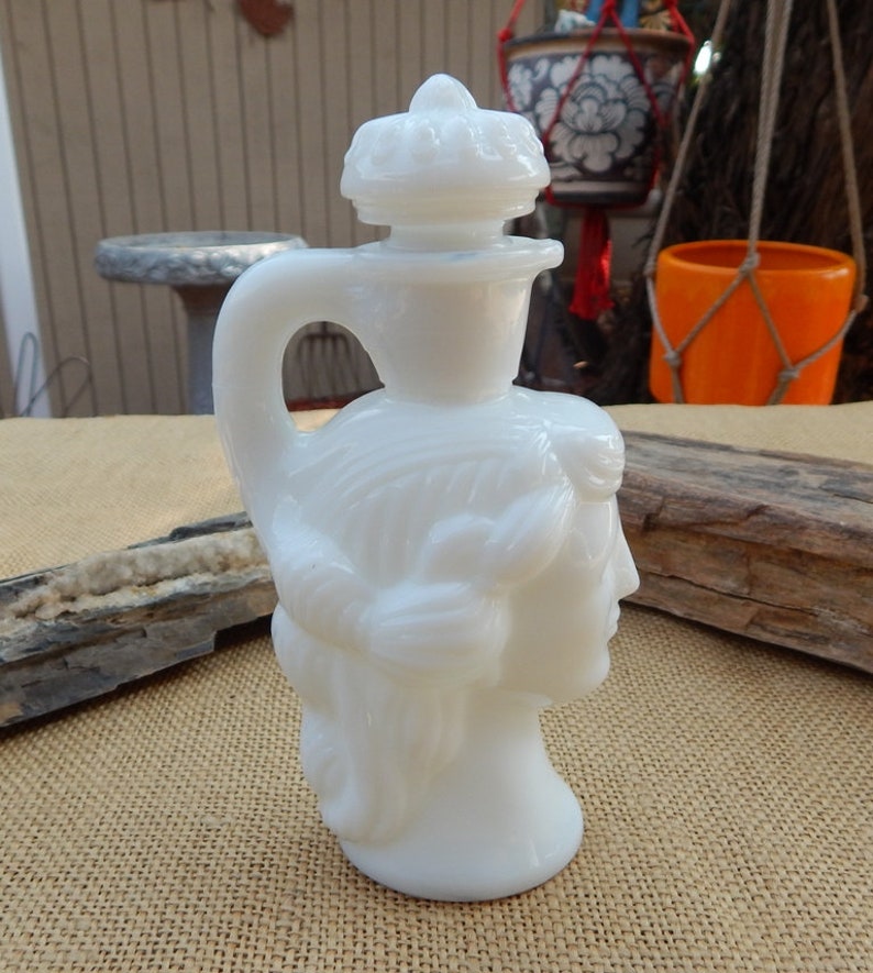 AVON Milk Glass Grecian Pitcher Decanter / AVON Grecian Pitcher Milk Glass Decanter / Skin So Soft Bath Oil / Milk Glass Bottle image 4