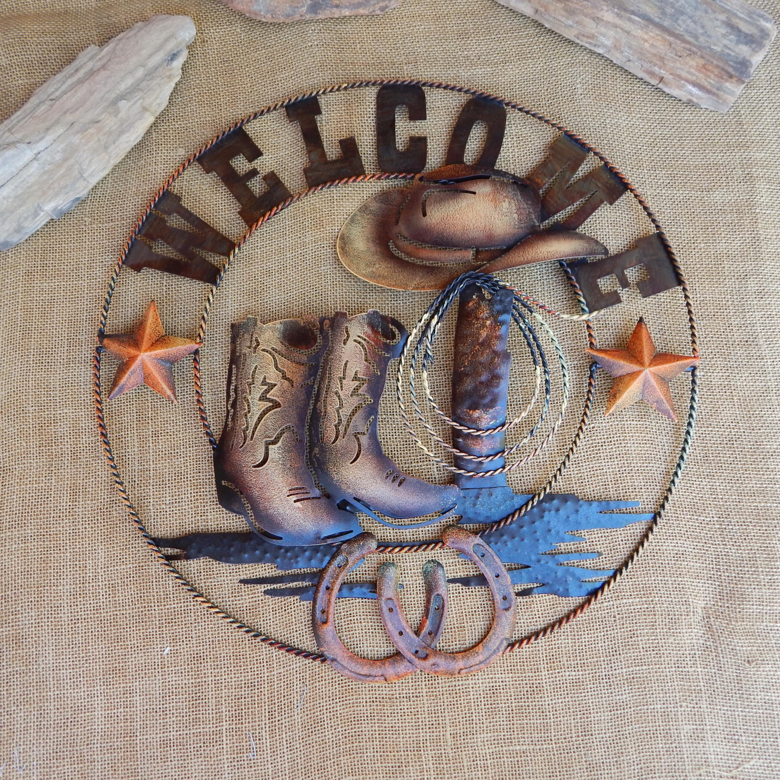 Large Vintage Cowboy Welcome Sign  ~ Sheet Metal Cowboy Welcome Sign  ~  17 1/2" x 18"  ~  Cowboy Hat, Boots, Lariat, Horse Shoes, Stars NOS