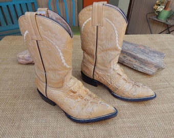 Genuine Leather Youth Size Cowboy Boots  /  Alligator Designed Leather  /  Embroidered and Stitched Shaft Childs Cowboy Boots ~ Worn Vintage