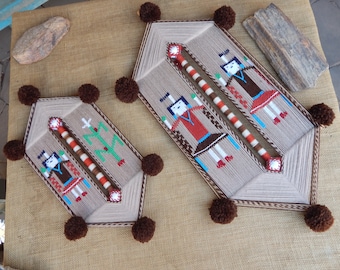 1970's Southwest Kachina Ojo Weaving  ~  Set of 2 Kachina Ojo Weavings  ~  Female Kachina's & Tree or Cactus on Woven Yarn Wall Decorations