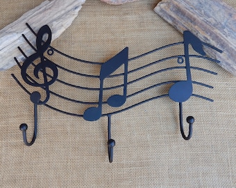 Music Notes Wall Mount Hooks  ~  Matte Black Cast Iron Music Notes Wall Hooks  ~  Wall Mount Music Note 3 Hooks  ~  15 1/2" Wide Wall Hooks