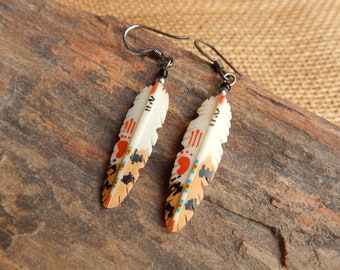 Carved Bone Feather Earrings  ~  Handpainted & Handcarved Bone Feather Earrings  ~  Lightweight Feather Earrings  ~  Feather is 1 1/4" long