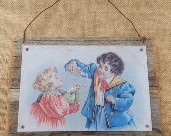 Tin on Wood Sign  /  Vintage Tin Sign "The Little Doctor" Scott's Emulsion  /  Vintage Barnwood Sign   /  Boy and Girl Tin on Wooden Sign