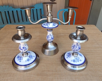Blue & White Floral Ceramic with Brushed Silver Finish Candlestick Holders  ~  3 Arm Candelabra ~ 2 Wide Base Candlestick Holders ~ Set 3