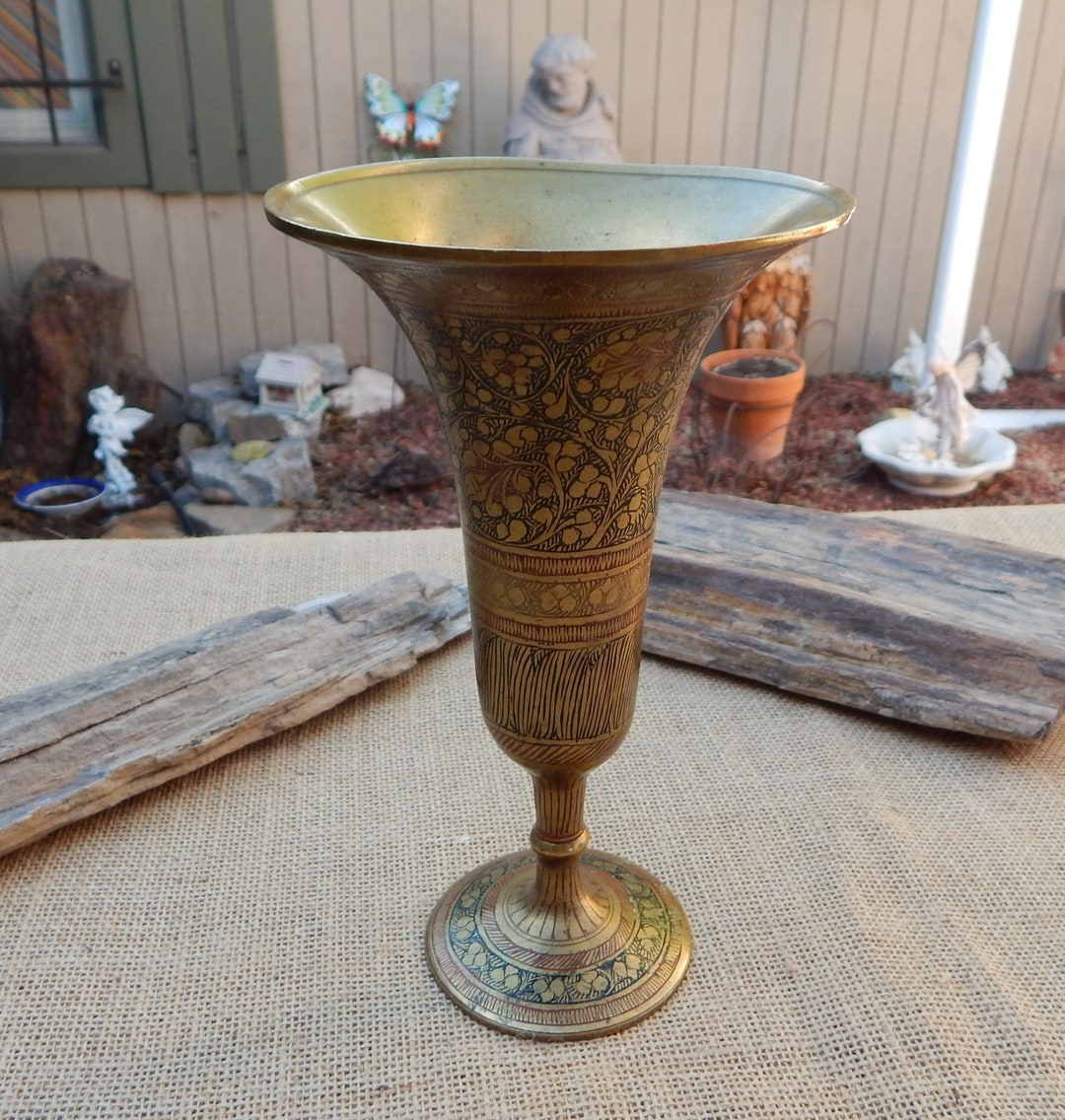 Large Brass Fully Etched Peacock & Floral Vase / Made in India / Large