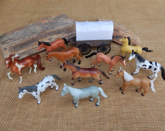Large Herd of 10 Vintage Toy Horses Plus Covered Wagon  /  Vintage Mixed Lot of Toy Horses ~ One Marked 1999 Breyer  /  Pretend Play Horses