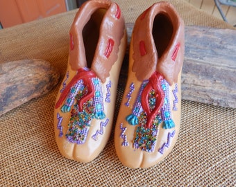 Native American Inspired Handpainted Ceramic Moccasins  ~  Pair of Artist Original Handpainted Ceramic Moccasins Colorful Southwest Decor