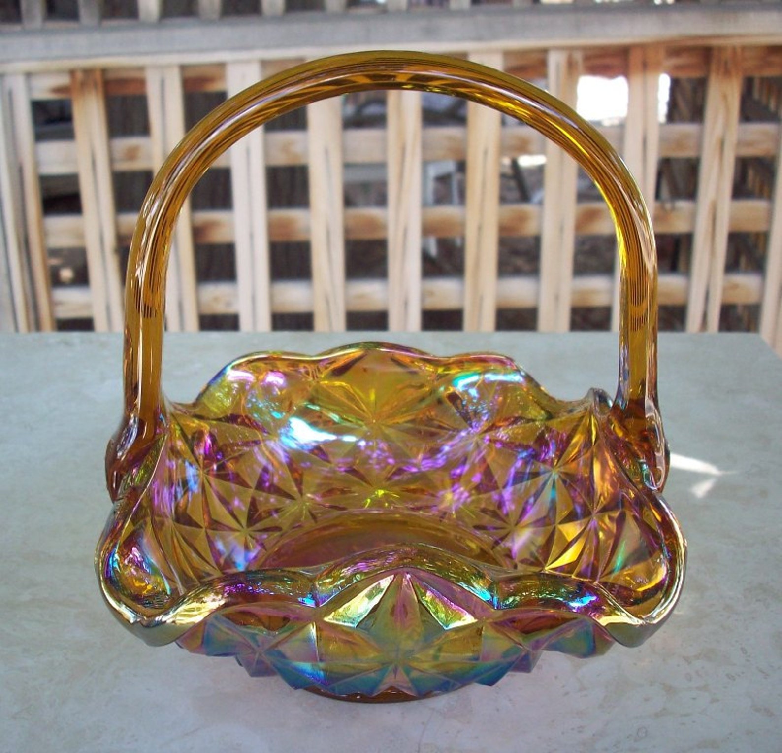 Vintage Gold Iridescent Carnival Glass Basket with Handle Etsy