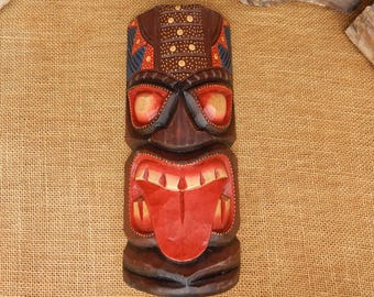 Vintage Carved Wood Face Totem  ~  Bold Vibrant Colors Totem Pole Art  ~  Single Face Tongue Out Totem Pole  ~  Handcarved Face Totem Pole