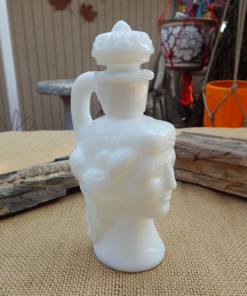 AVON Milk Glass Grecian Pitcher Decanter / AVON Grecian Pitcher Milk Glass Decanter / Skin So Soft Bath Oil / Milk Glass Bottle image 3