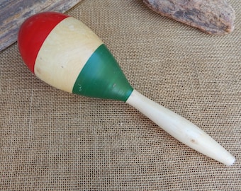 Wooden Mexican Maraca  ~  Mexico Souvenir  /  One Large Wood Maraca  ~  Natural Wood with Red Paint ~ Clear Stain ~ Green Paint  /  Mexico