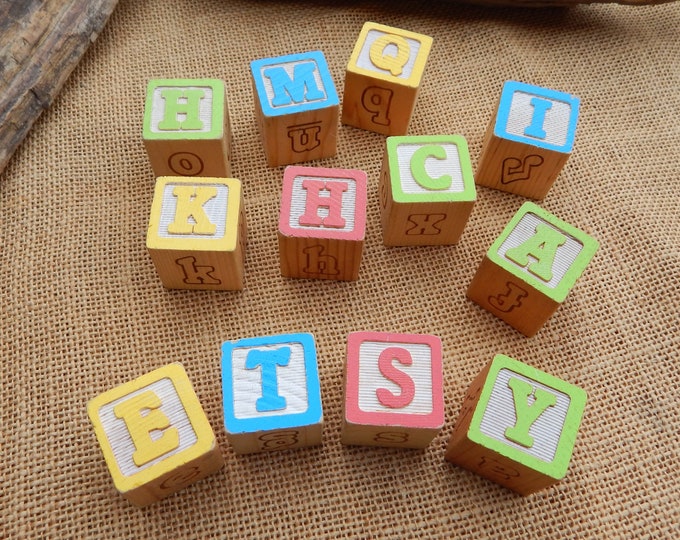 12 Wooden ABC Blocks / 12 Wooden Blocks With Letters and Pictures / 1 1