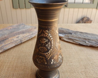 6 1/2" Etched Brass Vase  ~  Bronze Finish Over Brass Etched Vase  ~  Deep Etching on Brass Vase  ~  Decorative Only Does Not Hold Water