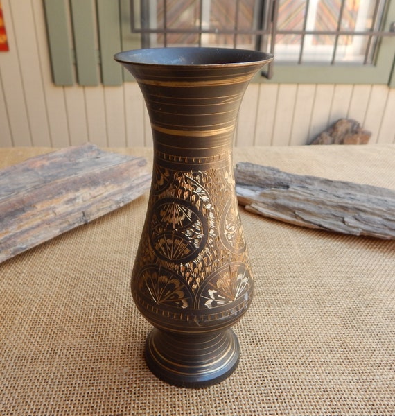 6 1/2 Etched Brass Vase / Bronze Finish Over Brass Etched Vase