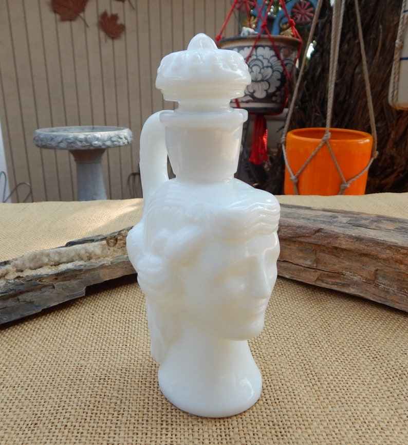 AVON Milk Glass Grecian Pitcher Decanter / AVON Grecian Pitcher Milk Glass Decanter / Skin So Soft Bath Oil / Milk Glass Bottle image 1