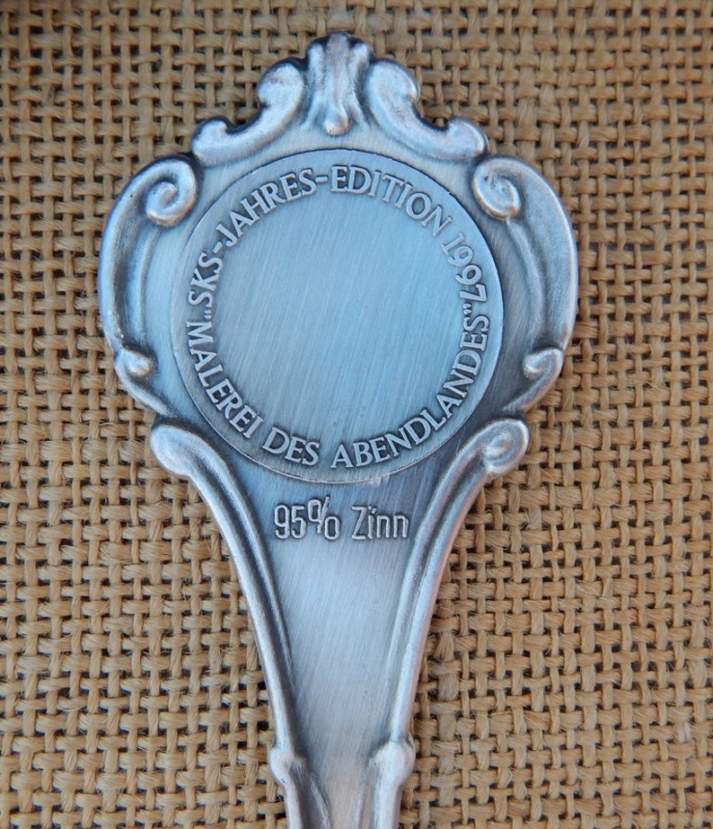 German 95% Zinn (Pewter) Decorative Spoon Wood Rack / German Jahres Loffel Zinn Collectible Spoon / German Pewter Spoon / Decorative image 7