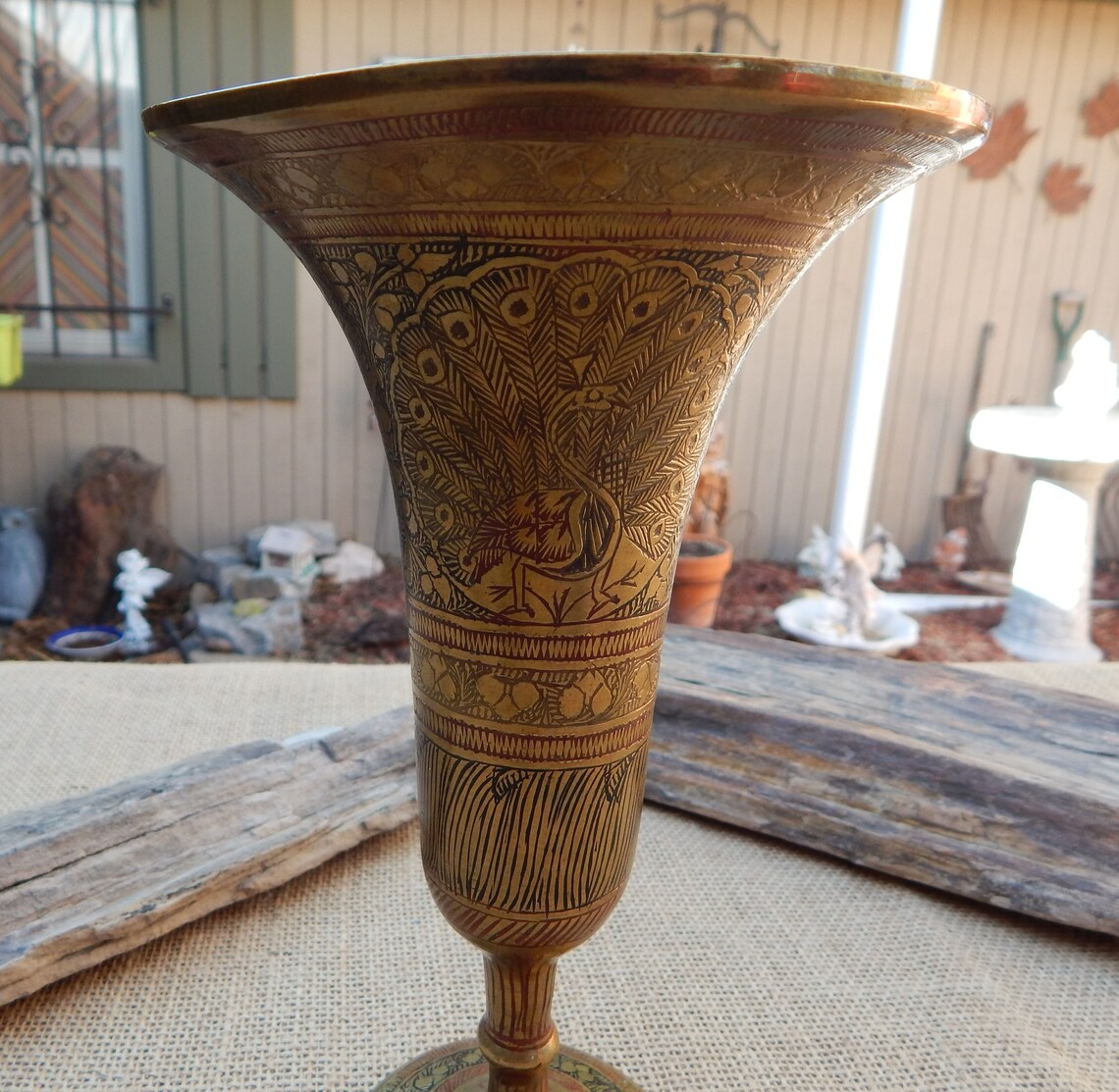 Large Brass Fully Etched Peacock & Floral Vase / Made in India Etsy