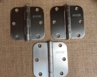 3 Large Schlage Hinges  ~  3 Unused Brushed Stainless Steel Hinges  ~  3 1/2"  Hinges  ~  Large Door Hinges  ~ Large Gate Hinges Unused