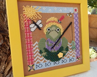 Beaded Cross Stitched Frog  /  Fishing Frog Cross Stitch with Beads   /   Frog Cross Stitch with Beads   /   Cross Stitched Using Beads