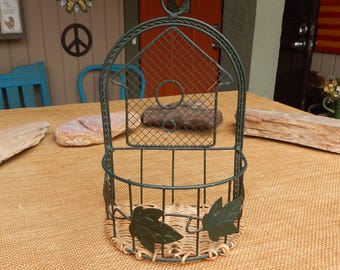 Vintage Wire & Rattan Basket Wall Hanging or Free Standing  ~  Bird House and Leaves Wire and Rattan Basket  ~  Wall or Free Standing Basket