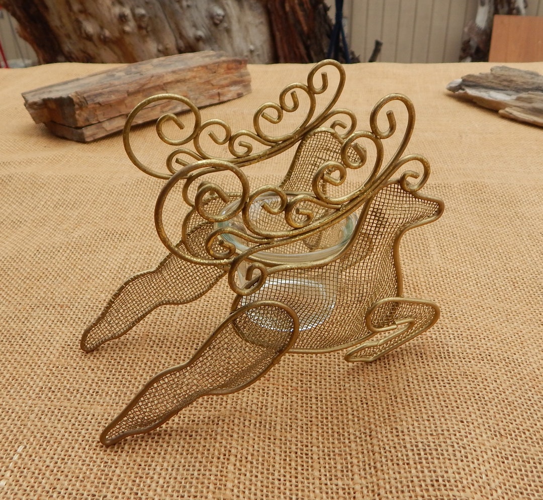 Wire Mesh Ornate Reindeer Votive Candle Holder / Soft Gold Toned Double