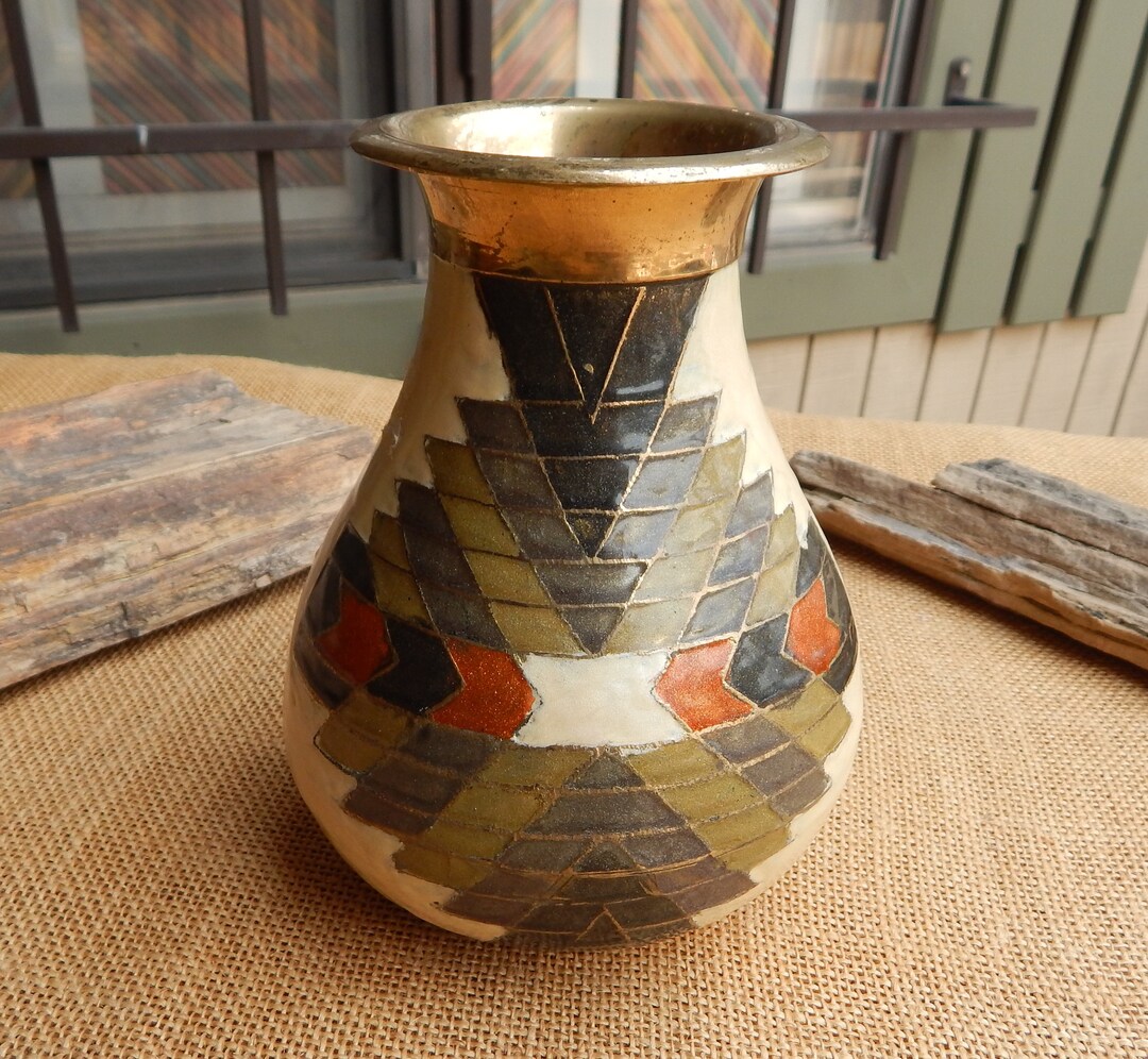 Heavy Brass Vase With Raised Enamel in Geometric Design / Mid Century