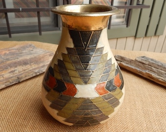 Heavy Brass Vase with Raised Enamel in Geometric Design  /  Mid Century Modern Solid Brass Vase Enameled Geometric Design  /  Made in India