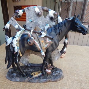 Black Stallion Medicine Man's Horse / Large Heavy Composite Black Stallion Adorned with Feathers Peace Pipe Medicine Bag Headdress image 4