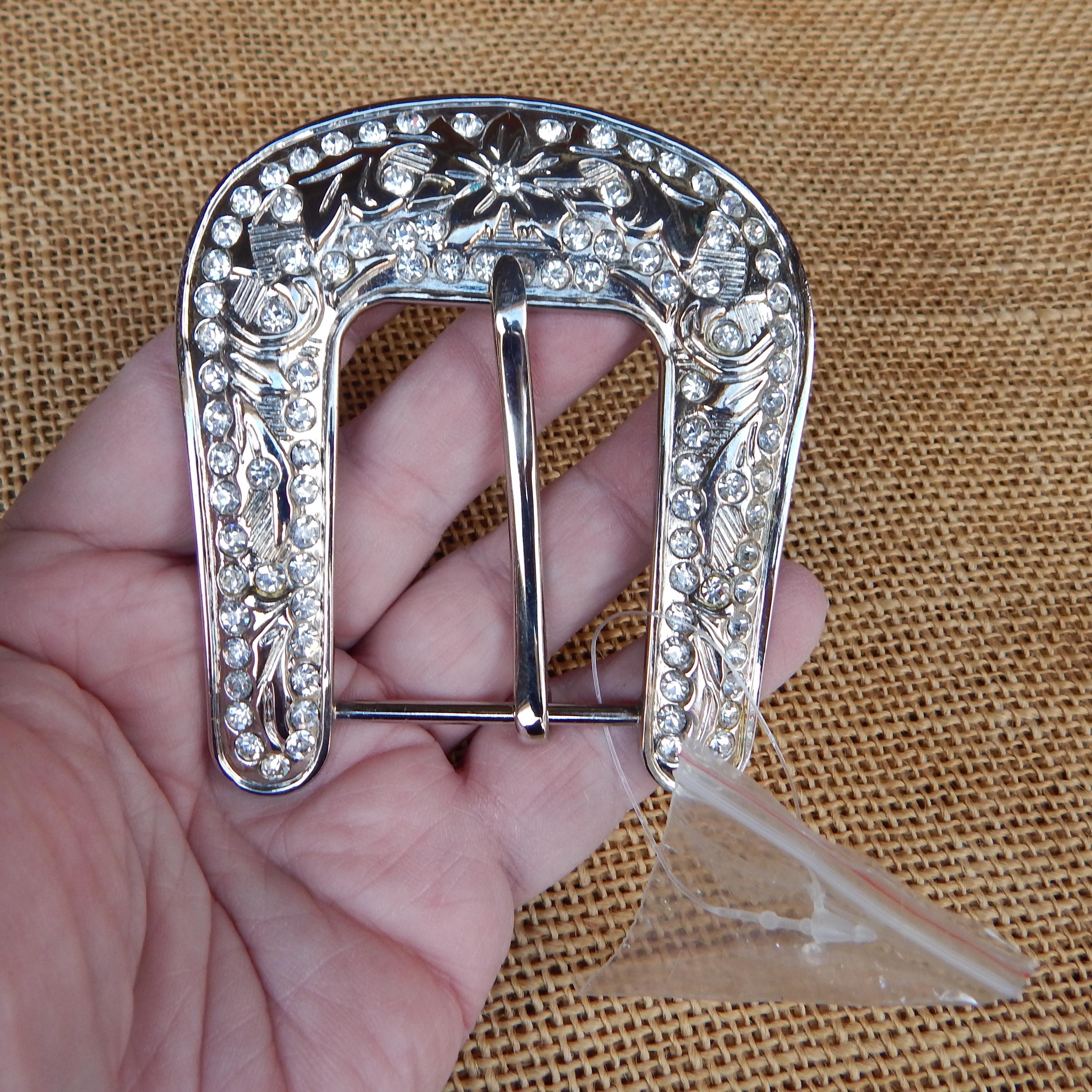 Western Floral Engraved Silver Tone Belt‎ Buckle Iridescent Rhinestones Western Rhinestone Buckle Genuine Full Grain Floral Engraved  main image 2