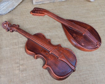 Pair of 1970's Royal Burnt Orange Fiddle & Mandolin Wall Hangings  ~  Burnt Orange Cast Metal Fiddle and Mandolin  ~  1970's Music Decor